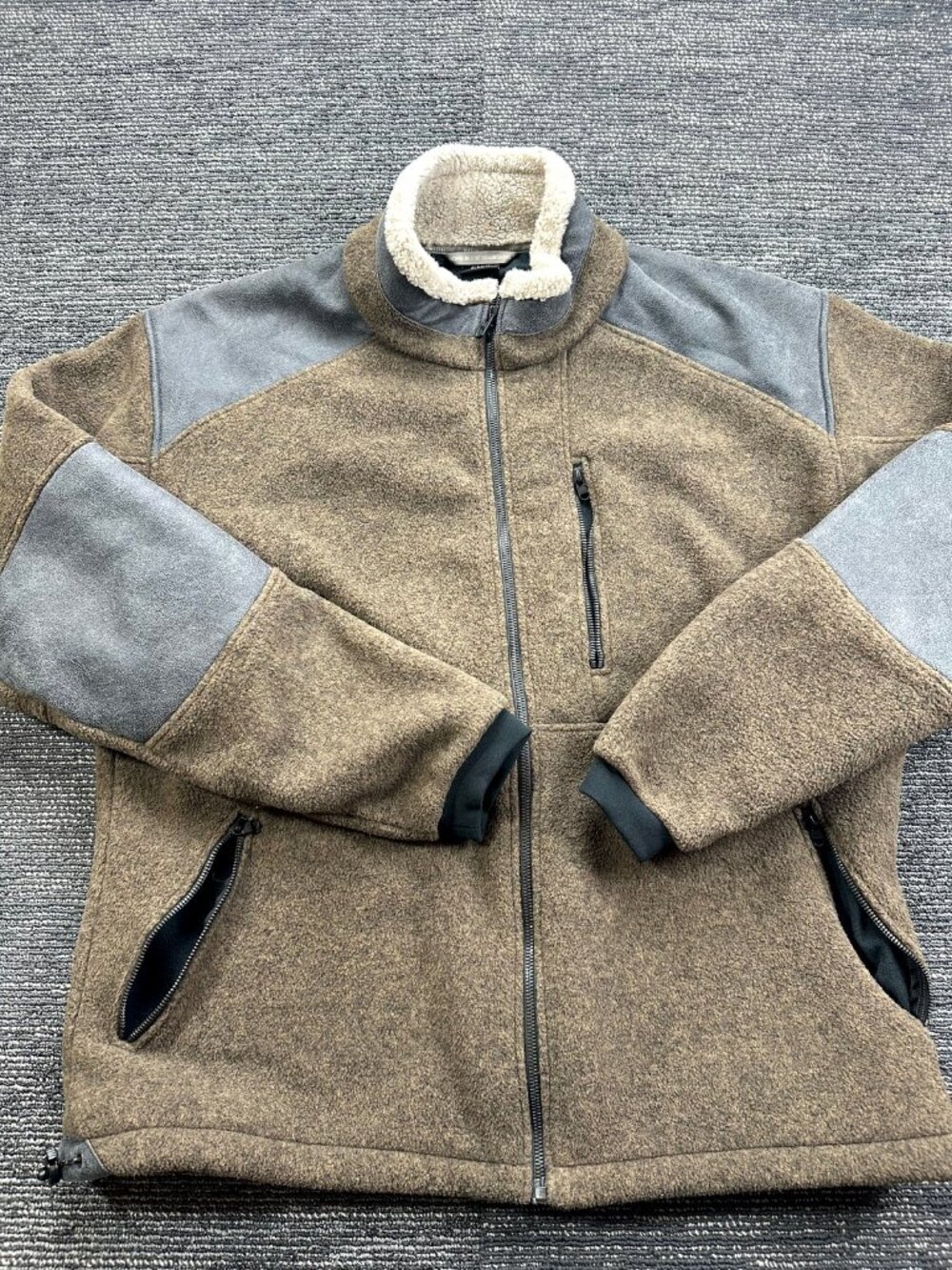Kuhl Mens XXL Fleece Jacket Sherpa Collar Gray Suede Panels Tan Full Zip